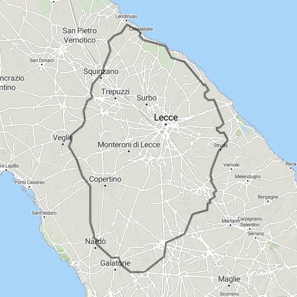 Miniatura della mappa di ispirazione al ciclismo "Escursione dal Mare al Barocco" nella regione di Puglia, Italy. Generata da Tarmacs.app, pianificatore di rotte ciclistiche