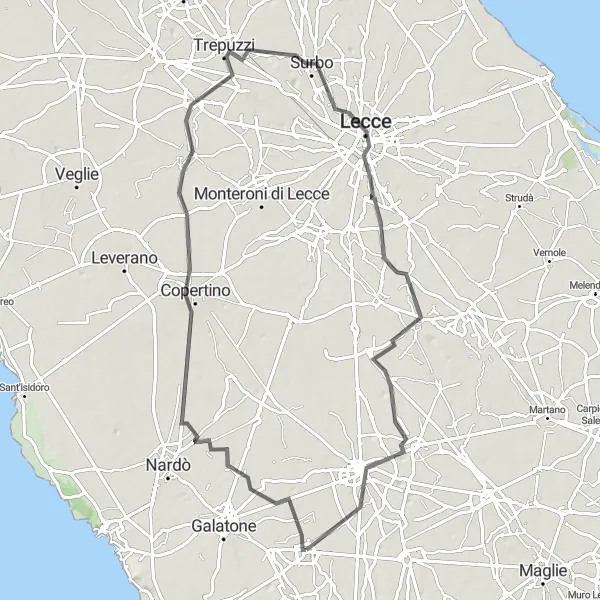 Miniatura della mappa di ispirazione al ciclismo "Percorso Stradale Intorno ad Aradeo" nella regione di Puglia, Italy. Generata da Tarmacs.app, pianificatore di rotte ciclistiche