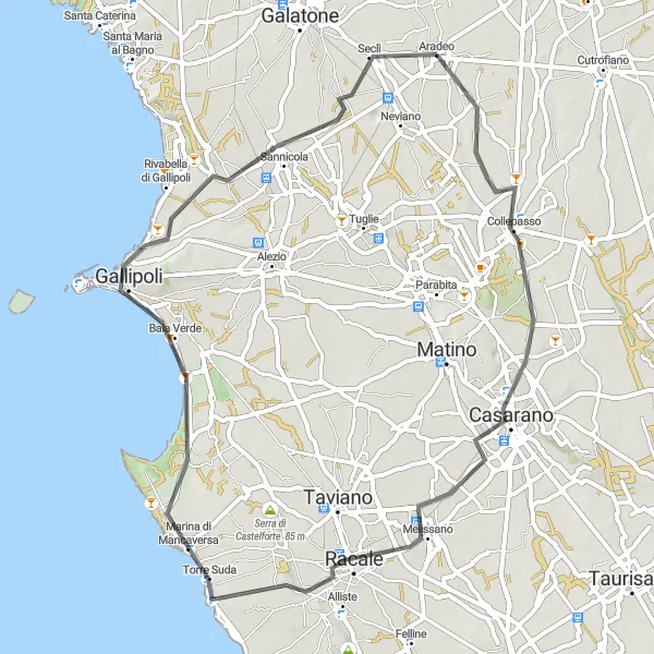 Miniatura della mappa di ispirazione al ciclismo "Il Giro del Salento" nella regione di Puglia, Italy. Generata da Tarmacs.app, pianificatore di rotte ciclistiche