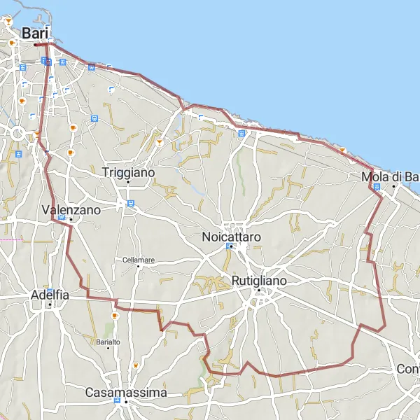 Miniatura della mappa di ispirazione al ciclismo "Tra Mare e Colline" nella regione di Puglia, Italy. Generata da Tarmacs.app, pianificatore di rotte ciclistiche