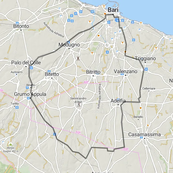 Map miniature of "Roads Less Traveled" cycling inspiration in Puglia, Italy. Generated by Tarmacs.app cycling route planner