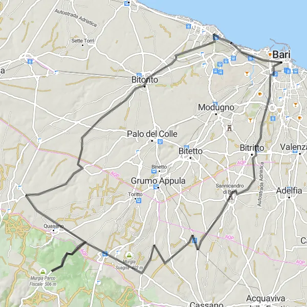 Miniatura della mappa di ispirazione al ciclismo "Cicloturismo tra Bitritto e Castello Svevo di Bari" nella regione di Puglia, Italy. Generata da Tarmacs.app, pianificatore di rotte ciclistiche