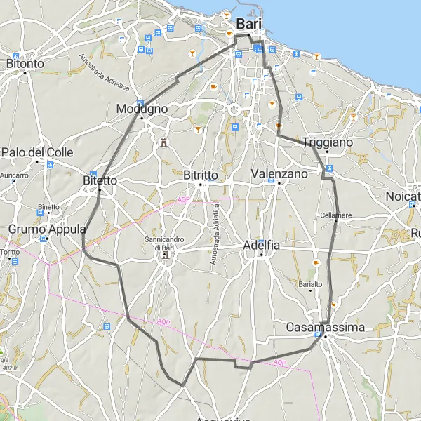 Miniatura della mappa di ispirazione al ciclismo "Giro in bici verso il Nordlungomare di Bari" nella regione di Puglia, Italy. Generata da Tarmacs.app, pianificatore di rotte ciclistiche
