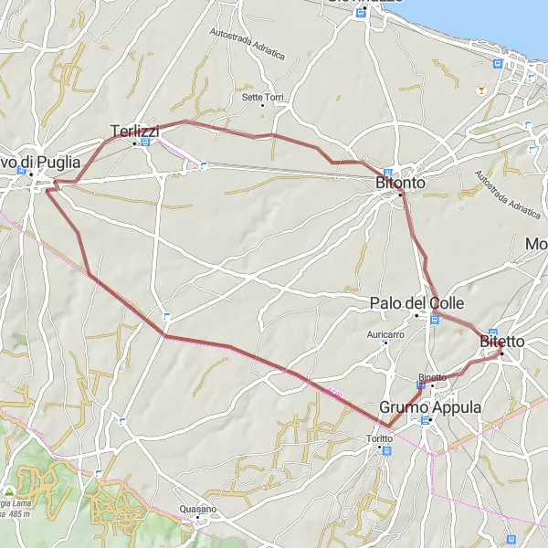 Map miniature of "Gravel Adventure: Mariotto to Bitonto" cycling inspiration in Puglia, Italy. Generated by Tarmacs.app cycling route planner