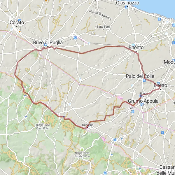 Map miniature of "Grumo Appula to Ruvo di Puglia Gravel Tour" cycling inspiration in Puglia, Italy. Generated by Tarmacs.app cycling route planner