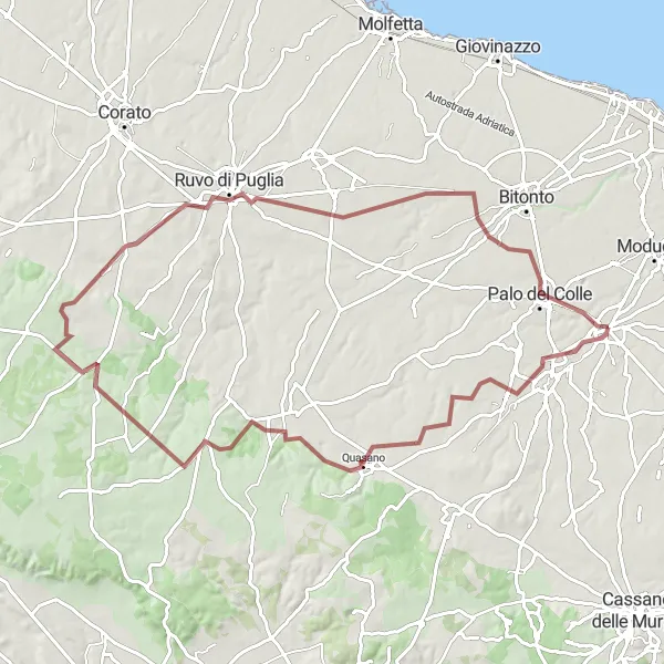 Map miniature of "Ruvo di Puglia Gravel Adventure" cycling inspiration in Puglia, Italy. Generated by Tarmacs.app cycling route planner