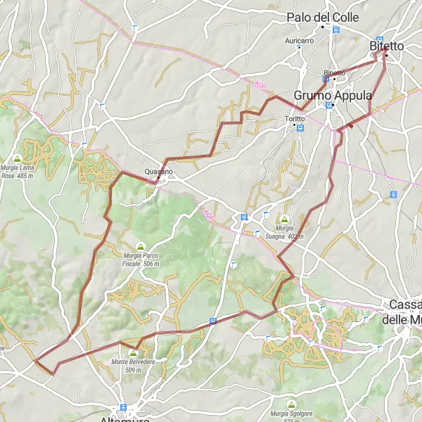 Map miniature of "Bitetto and the Caves" cycling inspiration in Puglia, Italy. Generated by Tarmacs.app cycling route planner