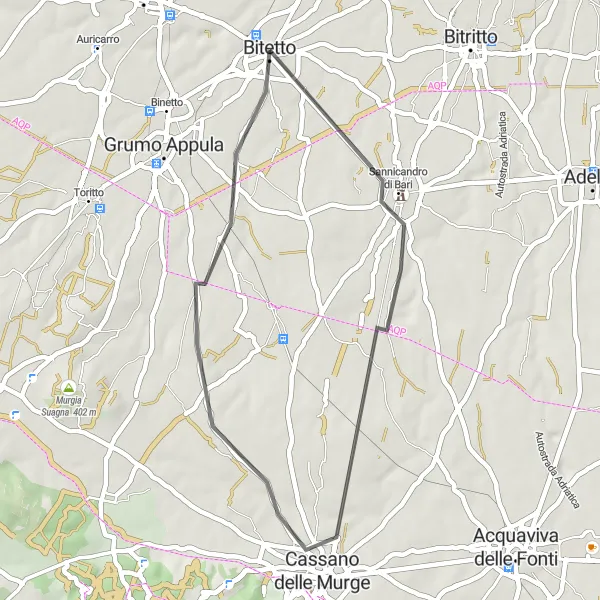 Map miniature of "Bitetto to Cassano delle Murge Loop" cycling inspiration in Puglia, Italy. Generated by Tarmacs.app cycling route planner