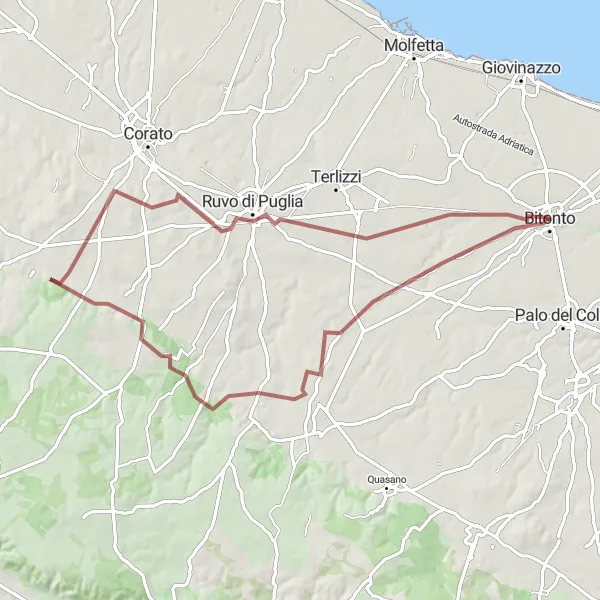 Map miniature of "Scenic Gravel Ride to Mariotto and Ruvo di Puglia" cycling inspiration in Puglia, Italy. Generated by Tarmacs.app cycling route planner