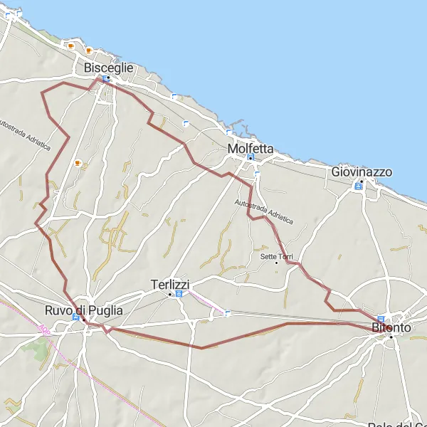 Map miniature of "Ruvo di Puglia to Bitonto Gravel Route" cycling inspiration in Puglia, Italy. Generated by Tarmacs.app cycling route planner