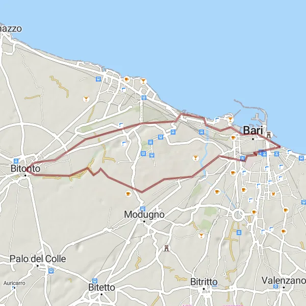 Map miniature of "Bari to Bitonto Gravel Route" cycling inspiration in Puglia, Italy. Generated by Tarmacs.app cycling route planner