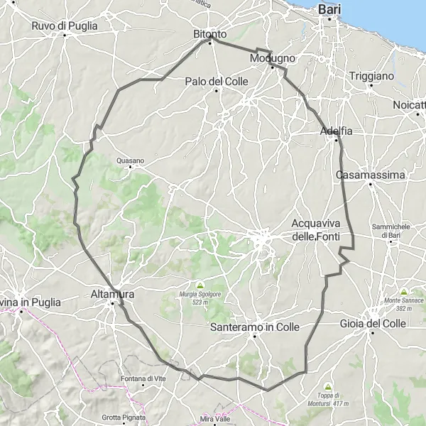 Map miniature of "Cycling through Bitritto and Altamura" cycling inspiration in Puglia, Italy. Generated by Tarmacs.app cycling route planner