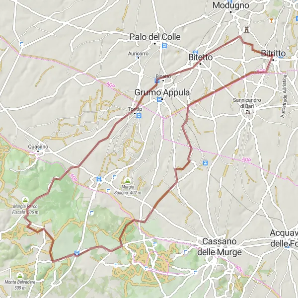 Miniatura della mappa di ispirazione al ciclismo "Percorso gravel da Monte Cucco a Bitritto" nella regione di Puglia, Italy. Generata da Tarmacs.app, pianificatore di rotte ciclistiche