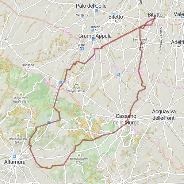 Miniatura della mappa di ispirazione al ciclismo "Percorso in bicicletta gravel per Grotta di Lamalunga" nella regione di Puglia, Italy. Generata da Tarmacs.app, pianificatore di rotte ciclistiche