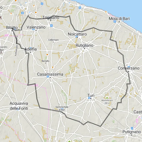 Map miniature of "Bitritto to Conversano Adventure" cycling inspiration in Puglia, Italy. Generated by Tarmacs.app cycling route planner