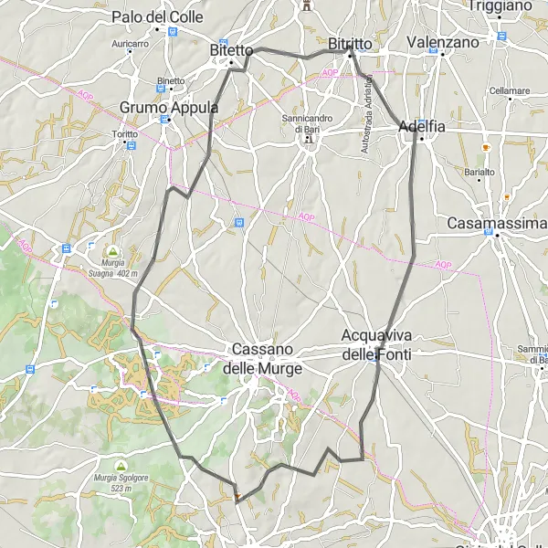Miniatura della mappa di ispirazione al ciclismo "Giro in bicicletta tra Bitritto e dintorni" nella regione di Puglia, Italy. Generata da Tarmacs.app, pianificatore di rotte ciclistiche