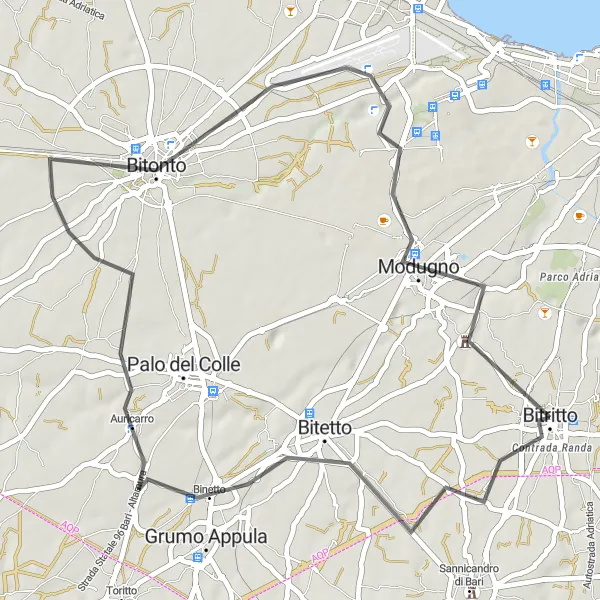Miniatura della mappa di ispirazione al ciclismo "Tour in bici tra Bitritto e Bitonto" nella regione di Puglia, Italy. Generata da Tarmacs.app, pianificatore di rotte ciclistiche