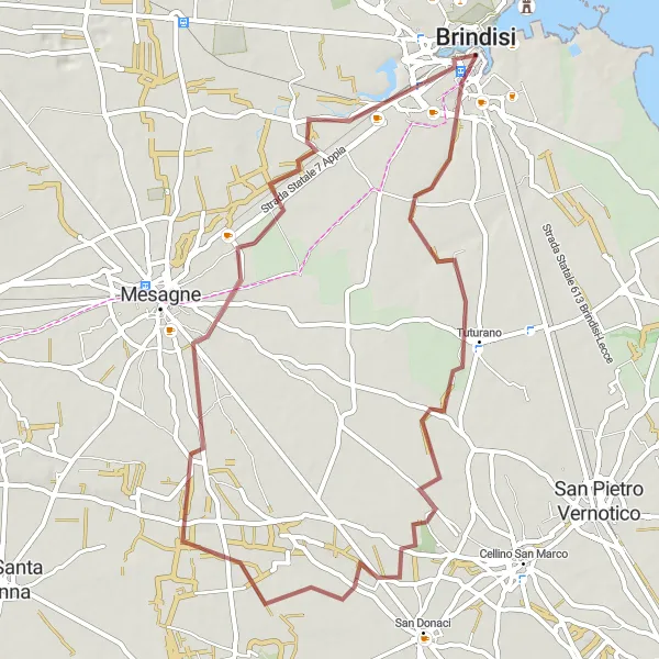 Miniatura della mappa di ispirazione al ciclismo "Alla Scoperta dei Tesori di Brindisi" nella regione di Puglia, Italy. Generata da Tarmacs.app, pianificatore di rotte ciclistiche