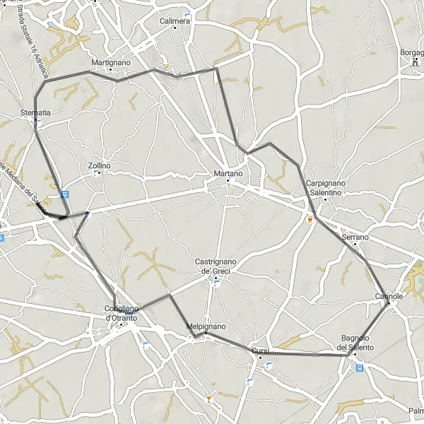 Miniatura della mappa di ispirazione al ciclismo "Tour dei Villaggi Salentini" nella regione di Puglia, Italy. Generata da Tarmacs.app, pianificatore di rotte ciclistiche