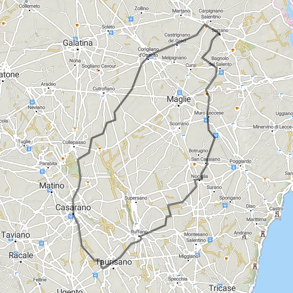 Miniatura della mappa di ispirazione al ciclismo "Cicloturismo tra Muro Leccese e Carpignano Salentino" nella regione di Puglia, Italy. Generata da Tarmacs.app, pianificatore di rotte ciclistiche