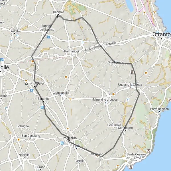 Miniatura della mappa di ispirazione al ciclismo "Tour dei borghi salentini" nella regione di Puglia, Italy. Generata da Tarmacs.app, pianificatore di rotte ciclistiche