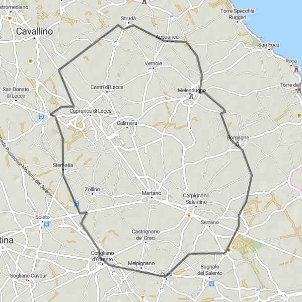Miniatura della mappa di ispirazione al ciclismo "La Via dei Borghi Salentini" nella regione di Puglia, Italy. Generata da Tarmacs.app, pianificatore di rotte ciclistiche