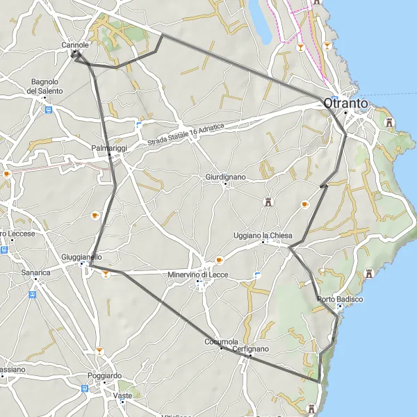 Miniatura della mappa di ispirazione al ciclismo "Giro Panoramico da Cannole a Otranto" nella regione di Puglia, Italy. Generata da Tarmacs.app, pianificatore di rotte ciclistiche