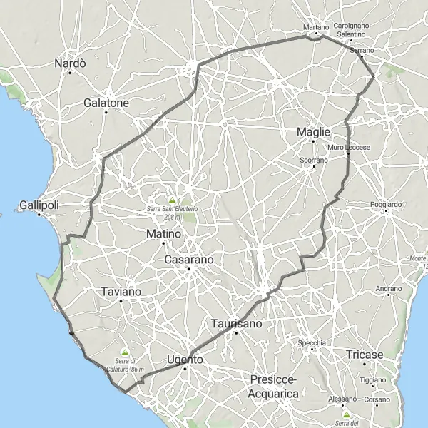 Miniatura della mappa di ispirazione al ciclismo "Giro panoramico tra Galatina e Taurisano" nella regione di Puglia, Italy. Generata da Tarmacs.app, pianificatore di rotte ciclistiche