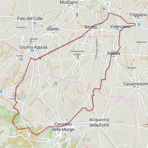 Miniatura della mappa di ispirazione al ciclismo "Escursione gravel da Capurso a Monte Cucco" nella regione di Puglia, Italy. Generata da Tarmacs.app, pianificatore di rotte ciclistiche