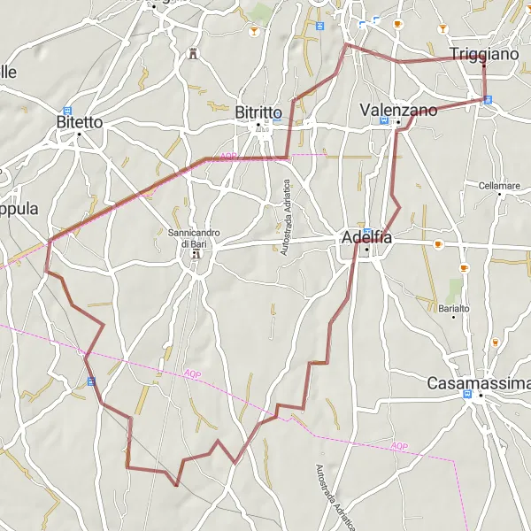 Miniatura della mappa di ispirazione al ciclismo "Percorso gravel da Capurso a Loseto" nella regione di Puglia, Italy. Generata da Tarmacs.app, pianificatore di rotte ciclistiche