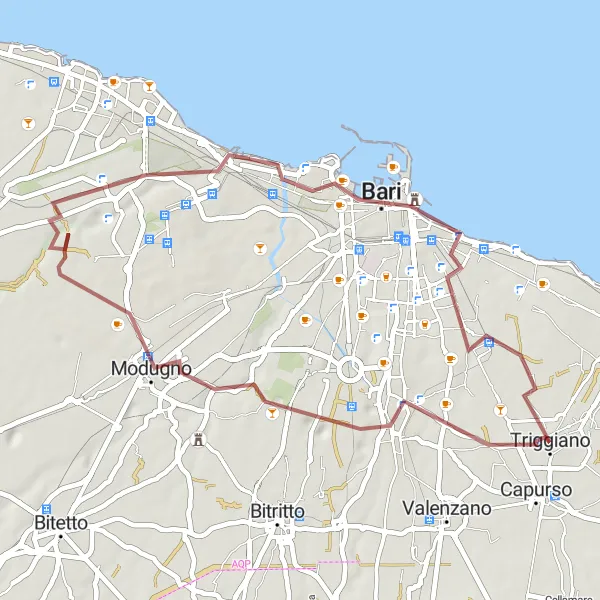 Miniatura della mappa di ispirazione al ciclismo "Giro gravel da Capurso a Triggiano" nella regione di Puglia, Italy. Generata da Tarmacs.app, pianificatore di rotte ciclistiche