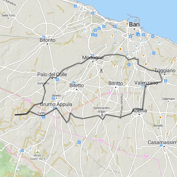 Miniatura della mappa di ispirazione al ciclismo "Percorso panoramico da Valenzano a Capurso" nella regione di Puglia, Italy. Generata da Tarmacs.app, pianificatore di rotte ciclistiche