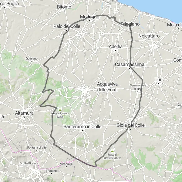 Miniatura della mappa di ispirazione al ciclismo "Giro attraverso Triggiano e Casamassima" nella regione di Puglia, Italy. Generata da Tarmacs.app, pianificatore di rotte ciclistiche