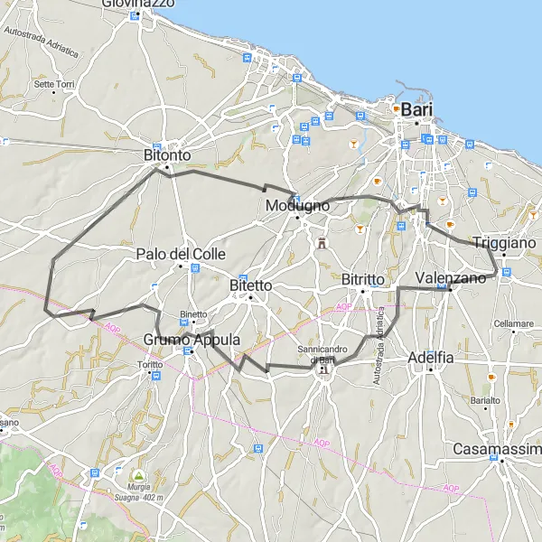 Miniatura della mappa di ispirazione al ciclismo "Giro in bicicletta da Capurso a Bitonto" nella regione di Puglia, Italy. Generata da Tarmacs.app, pianificatore di rotte ciclistiche