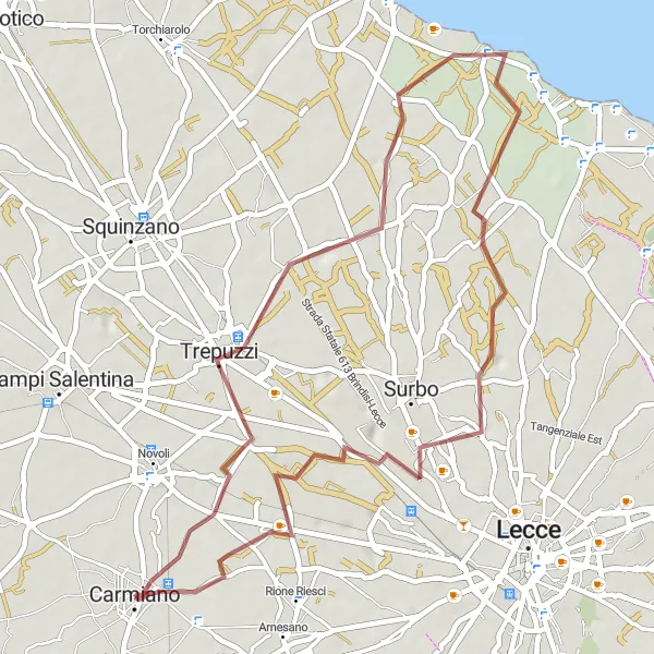 Miniatura della mappa di ispirazione al ciclismo "Percorso ciclabile sterrato tra Trepuzzi, Giorgilorio e Magliano" nella regione di Puglia, Italy. Generata da Tarmacs.app, pianificatore di rotte ciclistiche