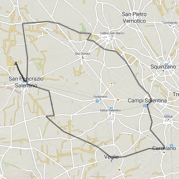 Miniatura della mappa di ispirazione al ciclismo "Giro in bici da Carmiano attraverso Veglie, San Pancrazio Salentino e Campi Salentina" nella regione di Puglia, Italy. Generata da Tarmacs.app, pianificatore di rotte ciclistiche