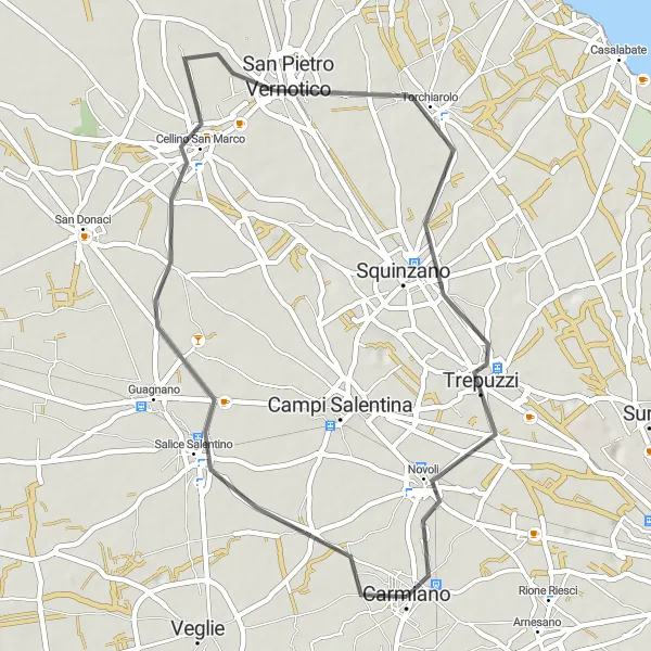 Miniatura della mappa di ispirazione al ciclismo "Percorso Cellino San Marco - Trepuzzi" nella regione di Puglia, Italy. Generata da Tarmacs.app, pianificatore di rotte ciclistiche