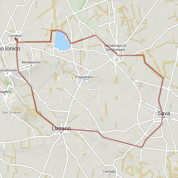 Miniatura della mappa di ispirazione al ciclismo "Giro in Gravel tra Vigneti e Paesaggi Salentini" nella regione di Puglia, Italy. Generata da Tarmacs.app, pianificatore di rotte ciclistiche