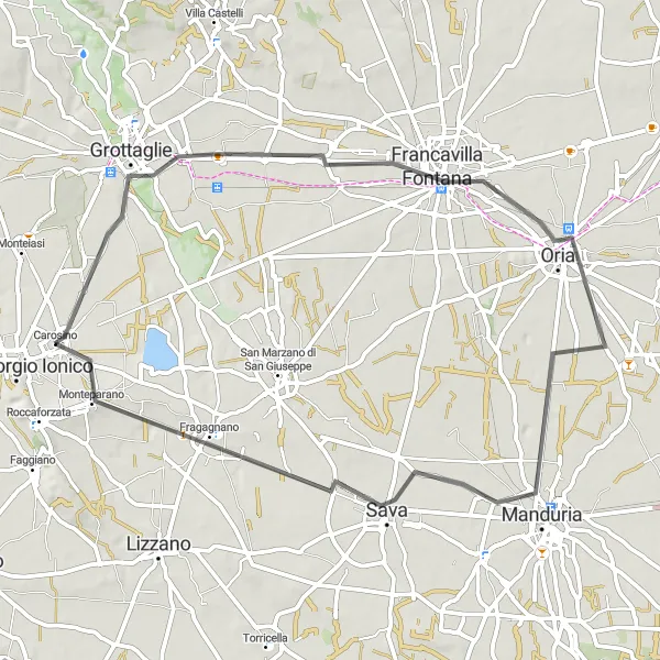 Map miniature of "Historic Towns and Countryside" cycling inspiration in Puglia, Italy. Generated by Tarmacs.app cycling route planner