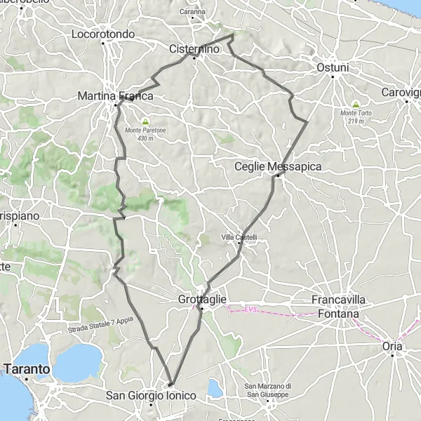 Miniatura della mappa di ispirazione al ciclismo "Escursione in bicicletta da Monteiasi a Carosino" nella regione di Puglia, Italy. Generata da Tarmacs.app, pianificatore di rotte ciclistiche