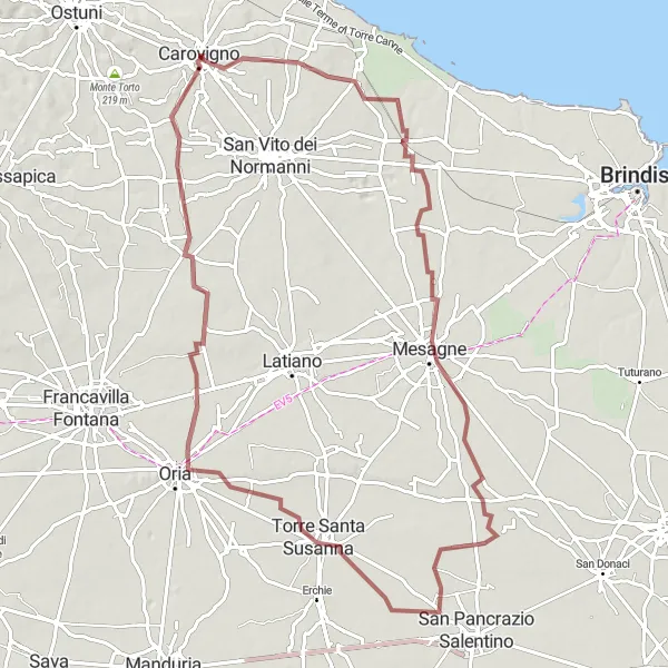 Miniatura della mappa di ispirazione al ciclismo "Gravel tra Carovigno e Oria" nella regione di Puglia, Italy. Generata da Tarmacs.app, pianificatore di rotte ciclistiche