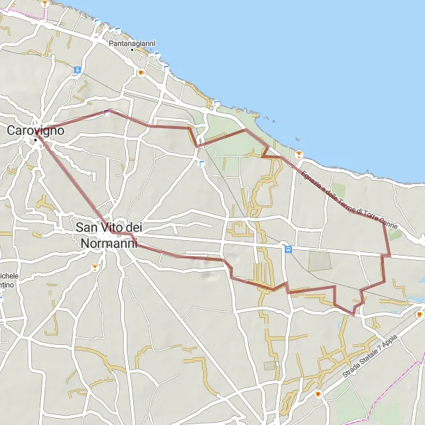 Miniatura della mappa di ispirazione al ciclismo "Tour in bici alla scoperta di San Vito dei Normanni e Carovigno" nella regione di Puglia, Italy. Generata da Tarmacs.app, pianificatore di rotte ciclistiche
