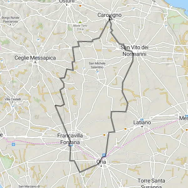 Miniatura della mappa di ispirazione al ciclismo "Giro tra San Vito dei Normanni e Francavilla Fontana" nella regione di Puglia, Italy. Generata da Tarmacs.app, pianificatore di rotte ciclistiche