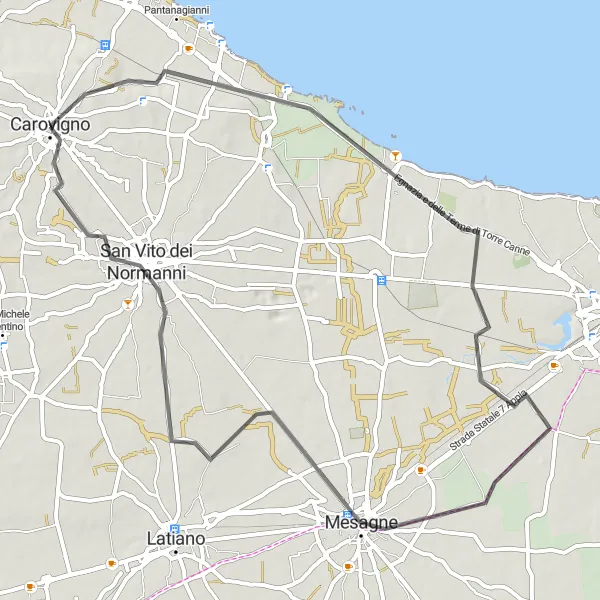 Miniatura della mappa di ispirazione al ciclismo "San Vito dei Normanni e Mesagne" nella regione di Puglia, Italy. Generata da Tarmacs.app, pianificatore di rotte ciclistiche