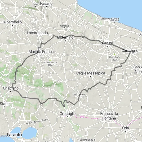 Miniatura della mappa di ispirazione al ciclismo "Giro in bicicletta attraverso Carovigno, Ostuni e Martina Franca" nella regione di Puglia, Italy. Generata da Tarmacs.app, pianificatore di rotte ciclistiche
