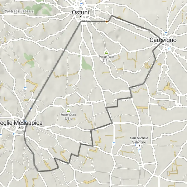 Miniatura della mappa di ispirazione al ciclismo "Escursione in bicicletta tra Ceglie Messapica e Ostuni" nella regione di Puglia, Italy. Generata da Tarmacs.app, pianificatore di rotte ciclistiche