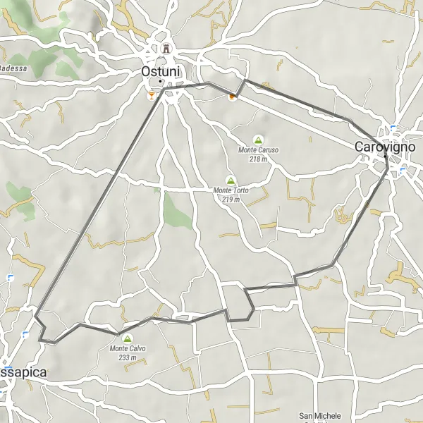 Miniatura della mappa di ispirazione al ciclismo "Circuito del Monte Calvo e Ostuni" nella regione di Puglia, Italy. Generata da Tarmacs.app, pianificatore di rotte ciclistiche