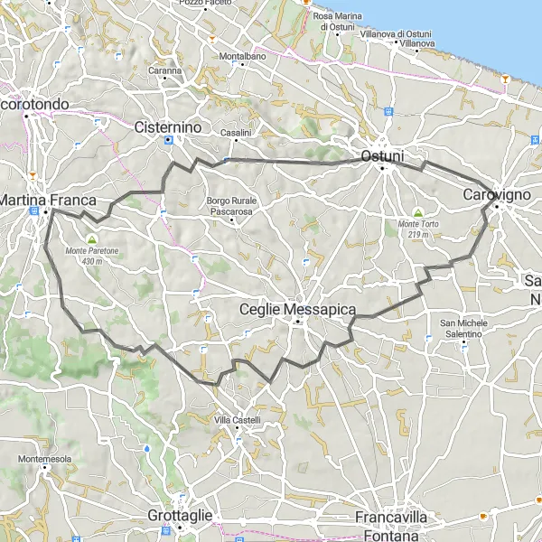 Miniatura della mappa di ispirazione al ciclismo "Avventuroso cicloturismo tra Carovigno e Ostuni" nella regione di Puglia, Italy. Generata da Tarmacs.app, pianificatore di rotte ciclistiche