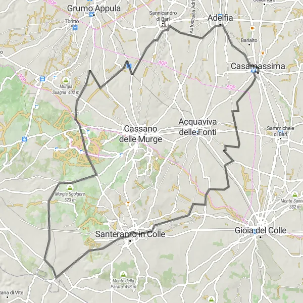 Map miniature of "Castello di Casamassima Route" cycling inspiration in Puglia, Italy. Generated by Tarmacs.app cycling route planner