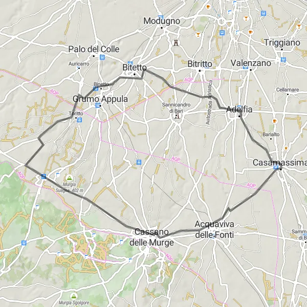 Map miniature of "Acquaviva delle Fonti Route" cycling inspiration in Puglia, Italy. Generated by Tarmacs.app cycling route planner